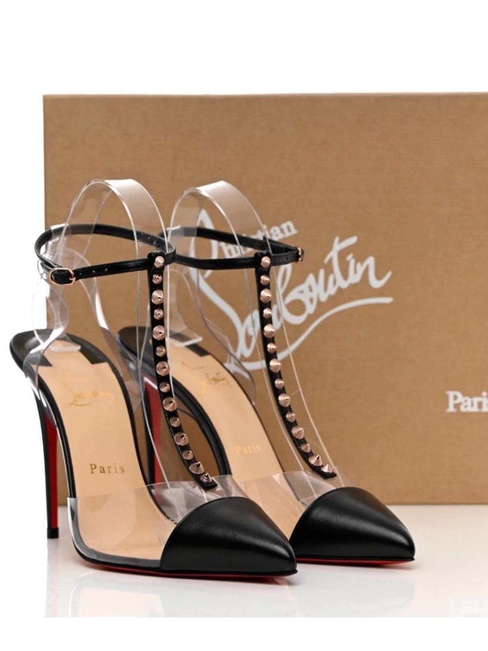 CHRISTIAN LOUBOUTIN NOSY SPIKES 100 BLACK LEATHER T STRAP PUMPS SPIKES SZ 38 NEW
